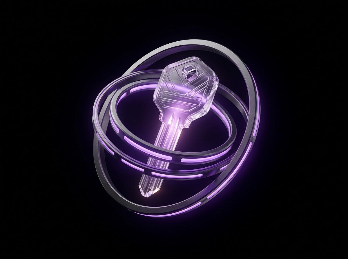 Llave de cristal rodeada de anillos metálicos con luz violeta